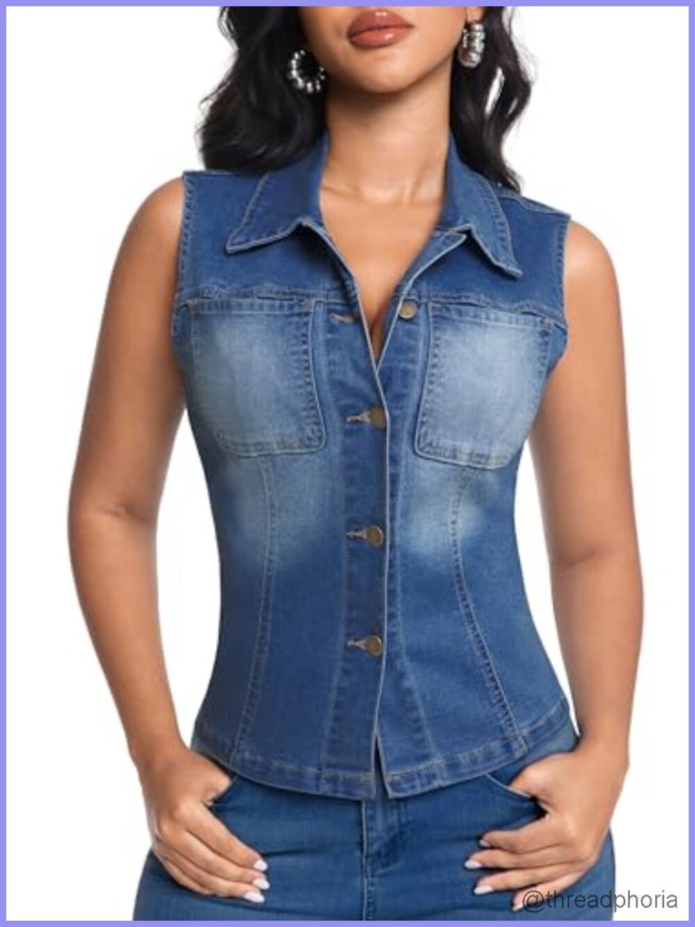 Womens Denim Vest Classic Lapel Button Down Sleeveless Slim Fitted Stretchy
